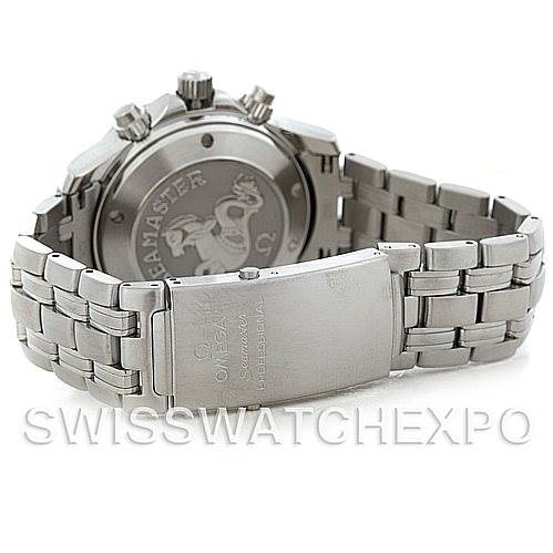 This image shows the back of an Omega Seamaster 2225.80.00 Men's Stainless Steel Blue Dial 2225.80.00 Men's Stainless Steel Blue Dial watch, highlighting the case back and metal bracelet.