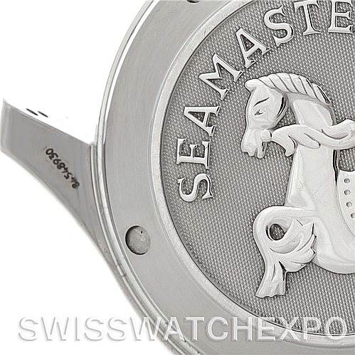 This image shows the case back of an Omega Seamaster 2225.80.00 Men's Stainless Steel Blue Dial 2225.80.00 Men's Stainless Steel Blue Dial watch with its iconic seahorse emblem.