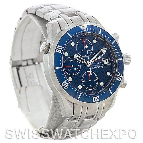 This image shows an angled view of an Omega Seamaster 2225.80.00 Men's Stainless Steel Blue Dial 2225.80.00 Men's Stainless Steel Blue Dial watch, highlighting the face, bezel, and bracelet.