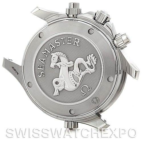 This image shows the case back and side view of an Omega Seamaster 2225.80.00 Men's Stainless Steel Blue Dial 2225.80.00 Men's Stainless Steel Blue Dial watch, highlighting the rear engraving and pushers.