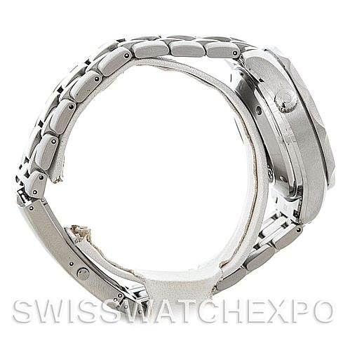 The image shows a side view of the Omega Seamaster 2225.80.00 Men's Stainless Steel Blue Dial 2225.80.00 Men's Stainless Steel Blue Dial watch, highlighting the bracelet and crown.