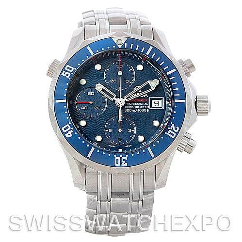 This image shows a front view of an Omega Seamaster 2225.80.00 Men's Stainless Steel Blue Dial 2225.80.00 Men's Stainless Steel Blue Dial watch, focusing on the dial, bezel, and bracelet.