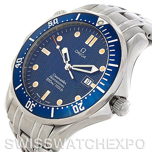 This image shows an angled view of the Omega Seamaster 2541.80.00 Men's Stainless Steel Blue Dial 2541.80.00 Men's Stainless Steel Blue Dial watch, displaying its blue dial, bezel, and part of its metal bracelet.
