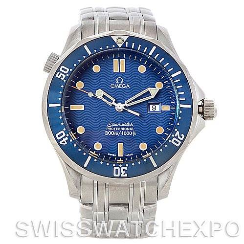 This image shows a front view of the Omega Seamaster 2541.80.00 Men's Stainless Steel Blue Dial 2541.80.00 Men's Stainless Steel Blue Dial watch, highlighting its dial, bezel, crown, bracelet, and date function.