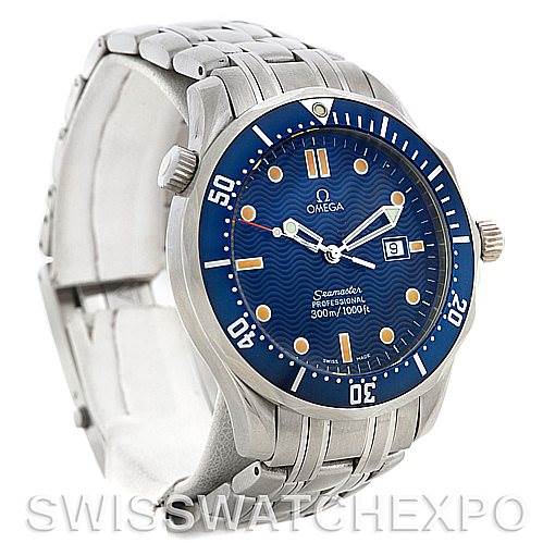 The image shows a three-quarters angle of an Omega Seamaster 2541.80.00 Men's Stainless Steel Blue Dial 2541.80.00 Men's Stainless Steel Blue Dial watch, displaying its blue dial, bezel, bracelet, and crown.