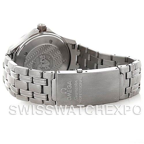 The image shows the back case, bracelet, and clasp of the Omega Seamaster 2541.80.00 Men's Stainless Steel Blue Dial 2541.80.00 Men's Stainless Steel Blue Dial Professional watch at an angle.