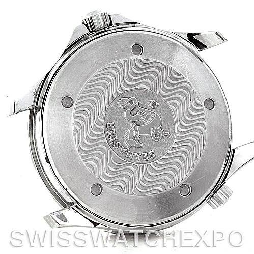 This image shows the back case of an Omega Seamaster 2541.80.00 Men's Stainless Steel Blue Dial 2541.80.00 Men's Stainless Steel Blue Dial watch, featuring the Seamaster logo and wave pattern engraving.