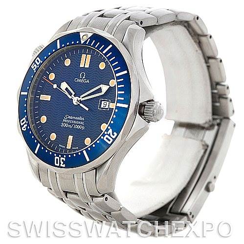 The image shows an angled side view of an Omega Seamaster 2541.80.00 Men's Stainless Steel Blue Dial 2541.80.00 Men's Stainless Steel Blue Dial watch, highlighting the face, dial, bezel, and part of the bracelet.
