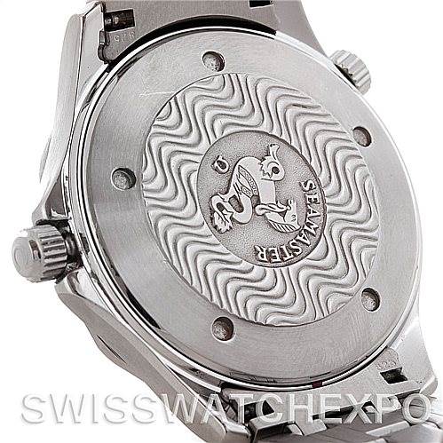 The image shows the back case of an Omega Seamaster 2541.80.00 Men's Stainless Steel Blue Dial 2541.80.00 Men's Stainless Steel Blue Dial watch, including the wave pattern and logo.