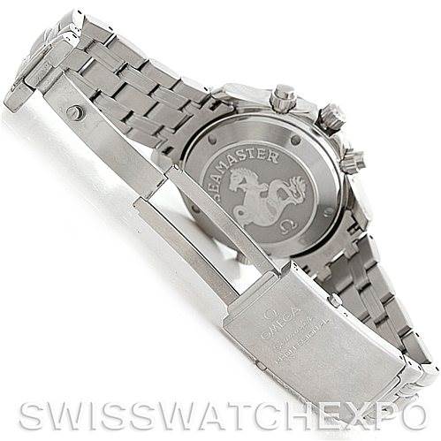 This image shows the back case and metal bracelet clasp of the Omega Seamaster 21330424001001 OR 213.30.42.40.01.001 Men's Stainless Steel Black Dial 21330424001001 OR 213.30.42.40.01.001 Men's Stainless Steel Black Dial watch, highlighting the Seamaster engraving and locking mechanism.