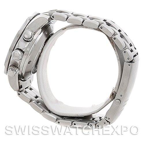 The image shows a side view of an Omega Seamaster 21330424001001 OR 213.30.42.40.01.001 Men's Stainless Steel Black Dial 21330424001001 OR 213.30.42.40.01.001 Men's Stainless Steel Black Dial with focus on the case, crown, pushers, and metal bracelet.