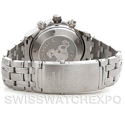 The image shows the back and bracelet of an Omega Seamaster 21330424001001 OR 213.30.42.40.01.001 Men's Stainless Steel Black Dial 21330424001001 OR 213.30.42.40.01.001 Men's Stainless Steel Black Dial watch from a rear angle.