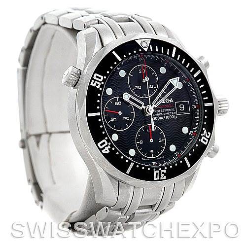 The image shows a front-angle view of the Omega Seamaster 21330424001001 OR 213.30.42.40.01.001 Men's Stainless Steel Black Dial 21330424001001 OR 213.30.42.40.01.001 Men's Stainless Steel Black Dial watch, highlighting the bezel, dial, subdials, and bracelet.