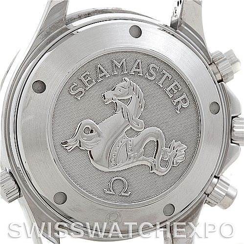 The image shows the back of an Omega Seamaster 21330424001001 OR 213.30.42.40.01.001 Men's Stainless Steel Black Dial 21330424001001 OR 213.30.42.40.01.001 Men's Stainless Steel Black Dial watch, highlighting the engraved logo and model name.