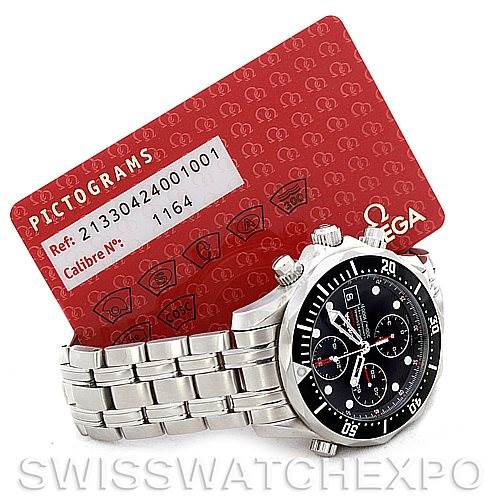 The image shows an Omega Seamaster 21330424001001 OR 213.30.42.40.01.001 Men's Stainless Steel Black Dial 21330424001001 OR 213.30.42.40.01.001 Men's Stainless Steel Black Dial watch from an angled view, highlighting the face, bezel, crown, and bracelet, along with specification cards.