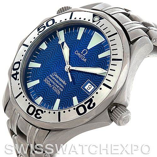 The image shows an angled view of the Omega Seamaster 2231.80.00 Men's Titanium Blue Dial 2231.80.00 Men's Titanium Blue Dial watch, highlighting its face, bezel, and part of the bracelet.