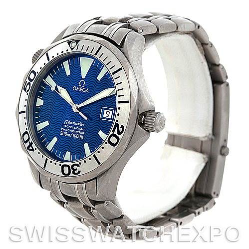 This image shows a side angle of the Omega Seamaster 2231.80.00 Men's Titanium Blue Dial 2231.80.00 Men's Titanium Blue Dial watch, highlighting the dial, bezel, and bracelet.