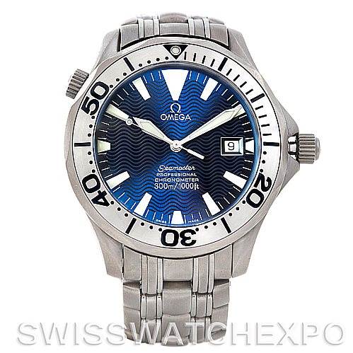 The image shows a front view of an Omega Seamaster 2231.80.00 Men's Titanium Blue Dial 2231.80.00 Men's Titanium Blue Dial watch, displaying the dial, bezel, hands, and stainless steel bracelet.