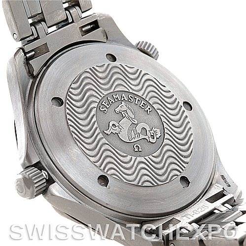 The image shows the back case and bracelet of an Omega Seamaster 2231.80.00 Men's Titanium Blue Dial 2231.80.00 Men's Titanium Blue Dial watch, featuring the Seahorse logo.