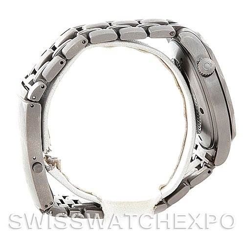 The image shows a side view of the Omega Seamaster 2231.80.00 Men's Titanium Blue Dial 2231.80.00 Men's Titanium Blue Dial, highlighting the bracelet, clasp, and the crown.