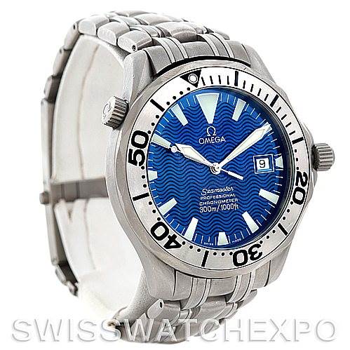 The image shows a side angle of an Omega Seamaster 2231.80.00 Men's Titanium Blue Dial 2231.80.00 Men's Titanium Blue Dial watch highlighting the blue dial, bezel, date window, and stainless steel bracelet.