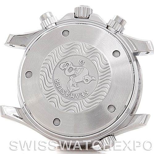 The image shows the case back of an Omega Seamaster 2598.80.00 Men
s Stainless Steel Blue Dial 2598.80.00 Men
s Stainless Steel Blue Dial watch, displaying its embossed design and crown buttons.