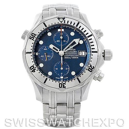 The image shows a frontal view of the Omega Seamaster 2598.80.00 Men
s Stainless Steel Blue Dial 2598.80.00 Men
s Stainless Steel Blue Dial watch, displaying its face, bezel, and part of the metal strap.