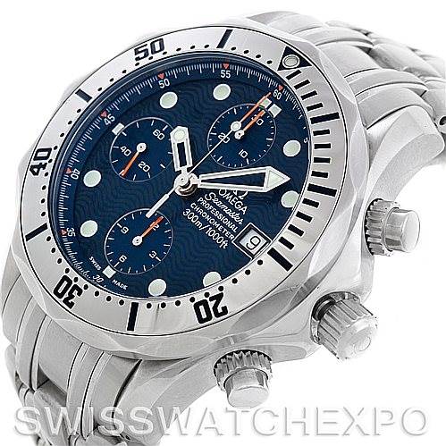 The image shows an Omega Seamaster 2598.80.00 Men
s Stainless Steel Blue Dial 2598.80.00 Men
s Stainless Steel Blue Dial watch from a three-quarter view, highlighting the bezel, dial, and crown.