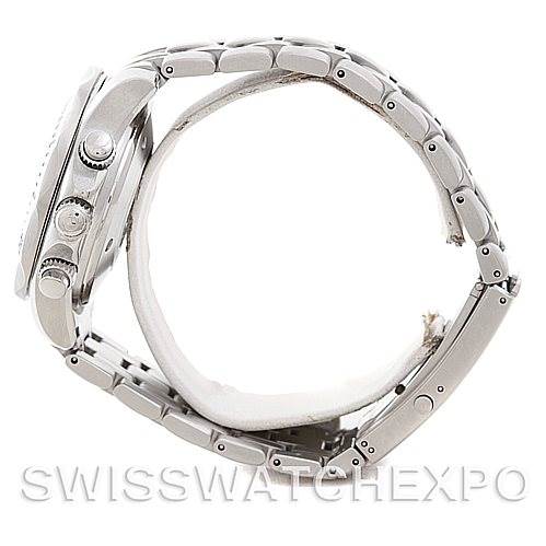 The image shows a side view of an Omega Seamaster 2598.80.00 Men
s Stainless Steel Blue Dial 2598.80.00 Men
s Stainless Steel Blue Dial watch, highlighting its case, crown, pushers, and metal bracelet.