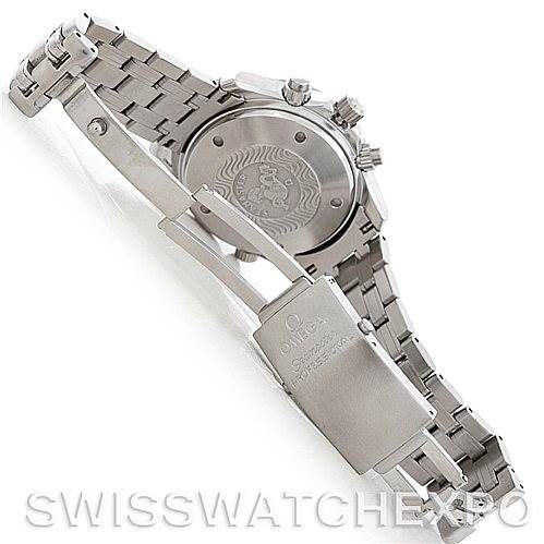 The image shows the back and partially open clasp of the Omega Seamaster 2598.80.00 Men
s Stainless Steel Blue Dial 2598.80.00 Men
s Stainless Steel Blue Dial watch, highlighting the metal bracelet and engraved caseback.