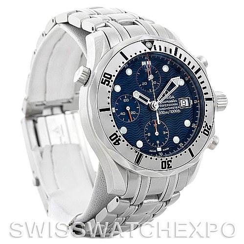 The image shows an angled view of an Omega Seamaster 2598.80.00 Men
s Stainless Steel Blue Dial 2598.80.00 Men
s Stainless Steel Blue Dial watch, highlighting its stainless steel bracelet, blue dial, and bezel.