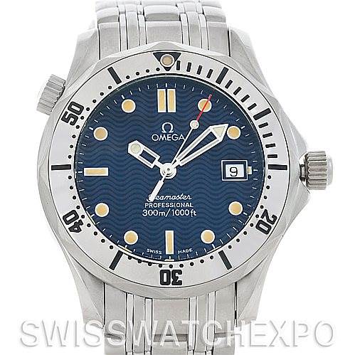 This image shows a frontal view of the Omega Seamaster 2562.80.00 Men's Stainless Steel Blue Dial 2562.80.00 Men's Stainless Steel Blue Dial watch, highlighting its face, hands, date window, bezel, and bracelet.