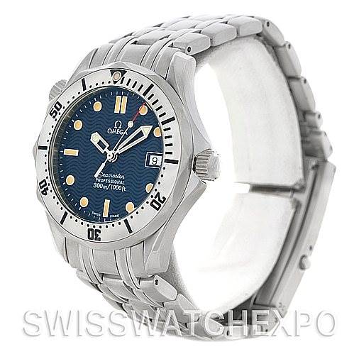 The image shows a side angle of an Omega Seamaster 2562.80.00 Men's Stainless Steel Blue Dial 2562.80.00 Men's Stainless Steel Blue Dial watch, highlighting its bezel, dial, crown, and bracelet.