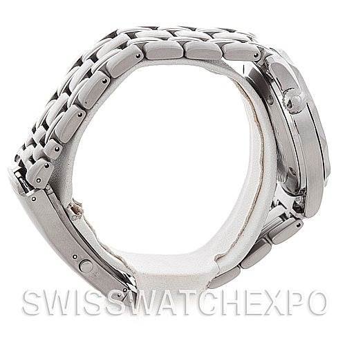 The image shows a side view of the Omega Seamaster 2562.80.00 Men's Stainless Steel Blue Dial 2562.80.00 Men's Stainless Steel Blue Dial watch, highlighting the case, bezel, and metal bracelet.