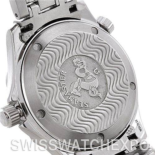 This image shows the case back of the Omega Seamaster 2562.80.00 Men's Stainless Steel Blue Dial 2562.80.00 Men's Stainless Steel Blue Dial watch, displaying its signature wave pattern and medallion.