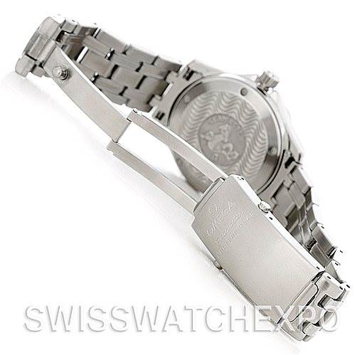 The image shows the clasp and backside of an Omega Seamaster 2562.80.00 Men's Stainless Steel Blue Dial 2562.80.00 Men's Stainless Steel Blue Dial model watch, highlighting the bracelet and case back.