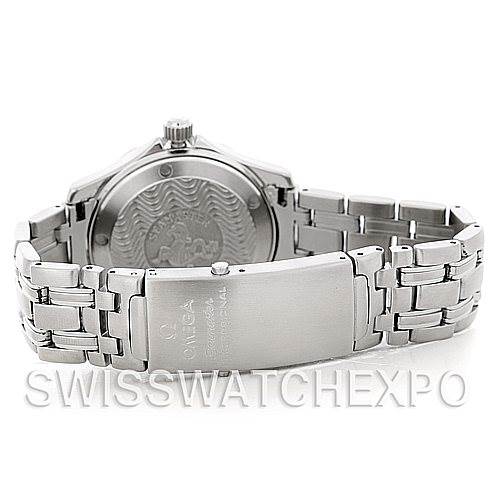 This image shows the back and clasp of an Omega Seamaster 2562.80.00 Men's Stainless Steel Blue Dial 2562.80.00 Men's Stainless Steel Blue Dial watch, highlighting the bracelet and engraving on the case back.