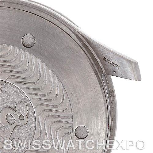 This close-up image shows the back case and lugs of an Omega Seamaster 2538.20.00 Men
s Stainless Steel White Dial 2538.20.00 Men
s Stainless Steel White Dial watch, displaying part of its engraved design and serial number.
