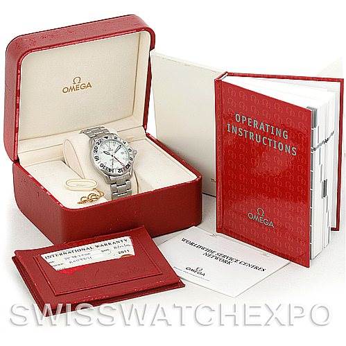 The image shows an Omega Seamaster 2538.20.00 Men
s Stainless Steel White Dial 2538.20.00 Men
s Stainless Steel White Dial watch with its box, operating instructions, cards, and warranty.