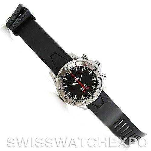 The Omega Seamaster Men's Stainless Steel Black Dial Men's Stainless Steel Black Dial watch is shown at an angled top view, displaying its face, bezel, and rubber strap.