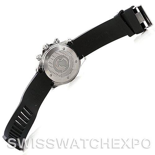 The image shows the back and strap of an Omega Seamaster Men's Stainless Steel Black Dial Men's Stainless Steel Black Dial watch, highlighting the case back engraving and the rubber strap.