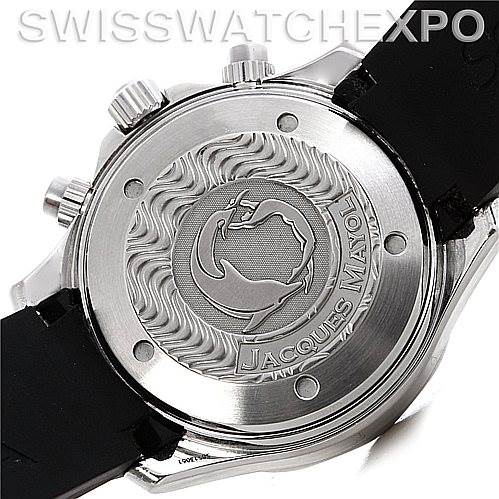 This image shows the back case of an Omega Seamaster Men's Stainless Steel Black Dial Men's Stainless Steel Black Dial watch, highlighting the engraved emblem and text.