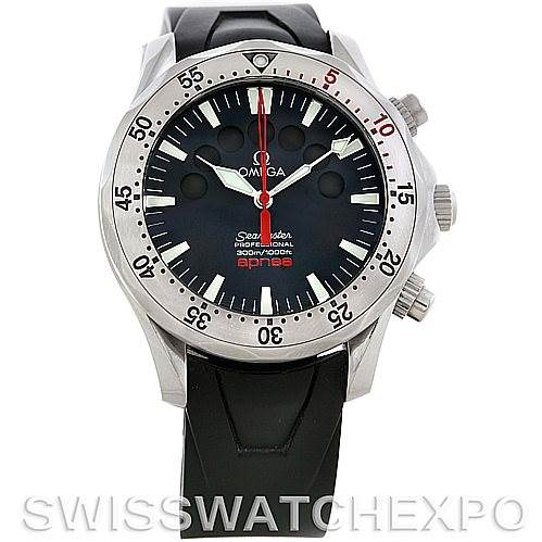The image shows a front view of the Omega Seamaster Men's Stainless Steel Black Dial Men's Stainless Steel Black Dial watch, highlighting the face, bezel, and part of the strap.