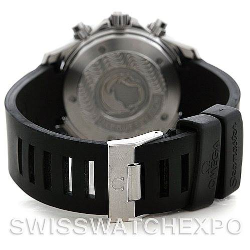 The image shows the back view of an Omega Seamaster Men's Stainless Steel Black Dial Men's Stainless Steel Black Dial watch, focusing on the case back and the rubber strap with a buckle.