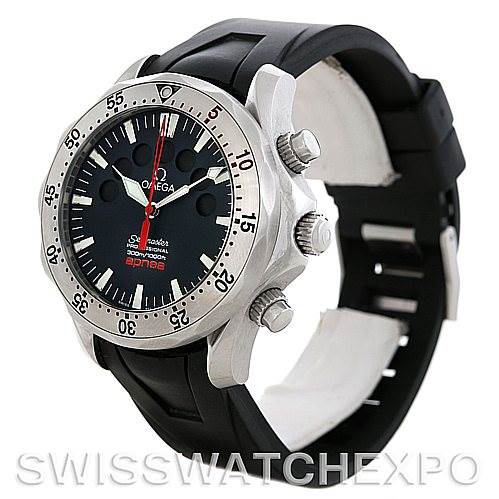 The image shows an angled side view of an Omega Seamaster Men's Stainless Steel Black Dial Men's Stainless Steel Black Dial watch, highlighting its bezel, face, pushers, and rubber strap.