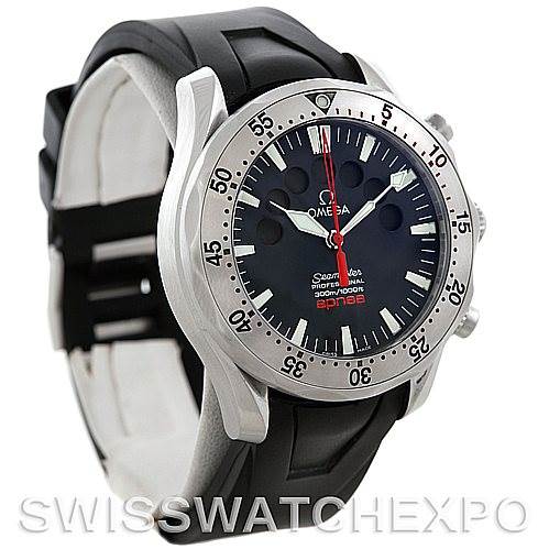 The image shows a front-angle view of the Omega Seamaster Men's Stainless Steel Black Dial Men's Stainless Steel Black Dial watch, highlighting the bezel, dial, and strap.