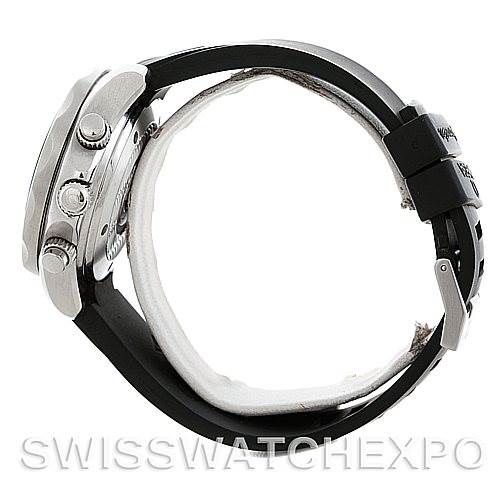 The image shows a side view of an Omega Seamaster Men's Stainless Steel Black Dial Men's Stainless Steel Black Dial watch, highlighting the case, chronograph pushers, crown, and rubber strap.