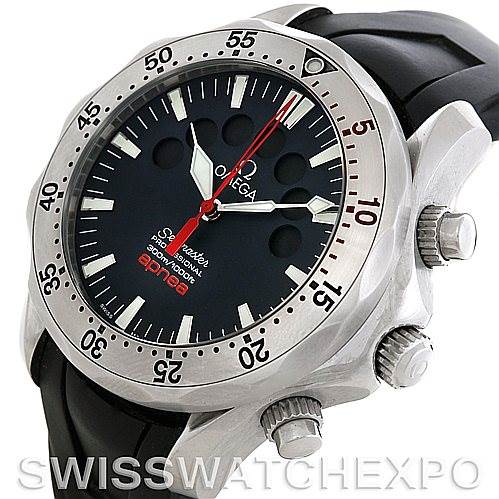 This image shows an Omega Seamaster Men's Stainless Steel Black Dial Men's Stainless Steel Black Dial watch at a slight angle, displaying the front face, bezel, and side crown.