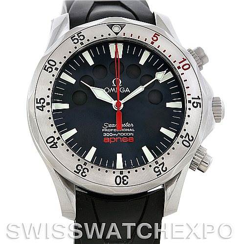 The image displays a front view of an Omega Seamaster Men's Stainless Steel Black Dial Men's Stainless Steel Black Dial watch, highlighting its bezel, dial, hands, and pushers.