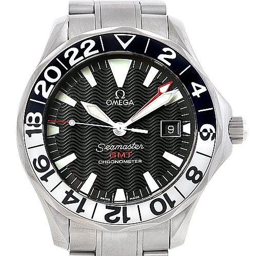The image shows the front view of an Omega Seamaster 2234.50.00 Men
s Stainless Steel Black Dial 2234.50.00 Men
s Stainless Steel Black Dial GMT watch, featuring its dial, bezel, and part of its bracelet.
